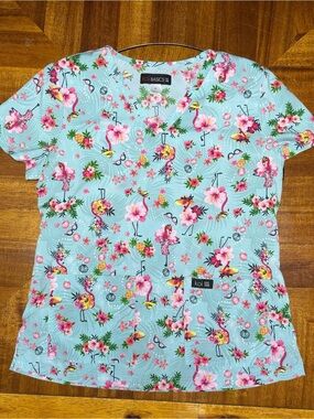 koi Women's Aqua Floral & Flamingo Print Scrub Top